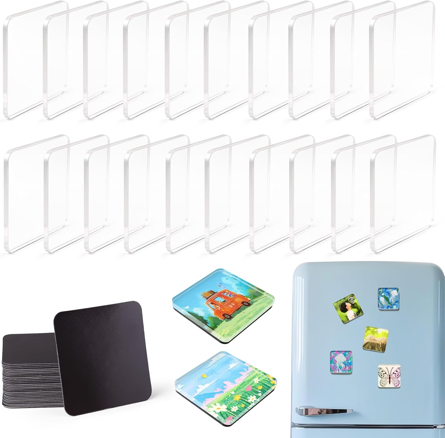 20 Pcs DIY Fridge Magnet Kit - Square Clear Acrylic Magnetic Set with Adhesive Backing for Photo,Crafts,Office,Classroom,Cabinets,Kitchen,2 Inch Bingxiang-20 (Squares)