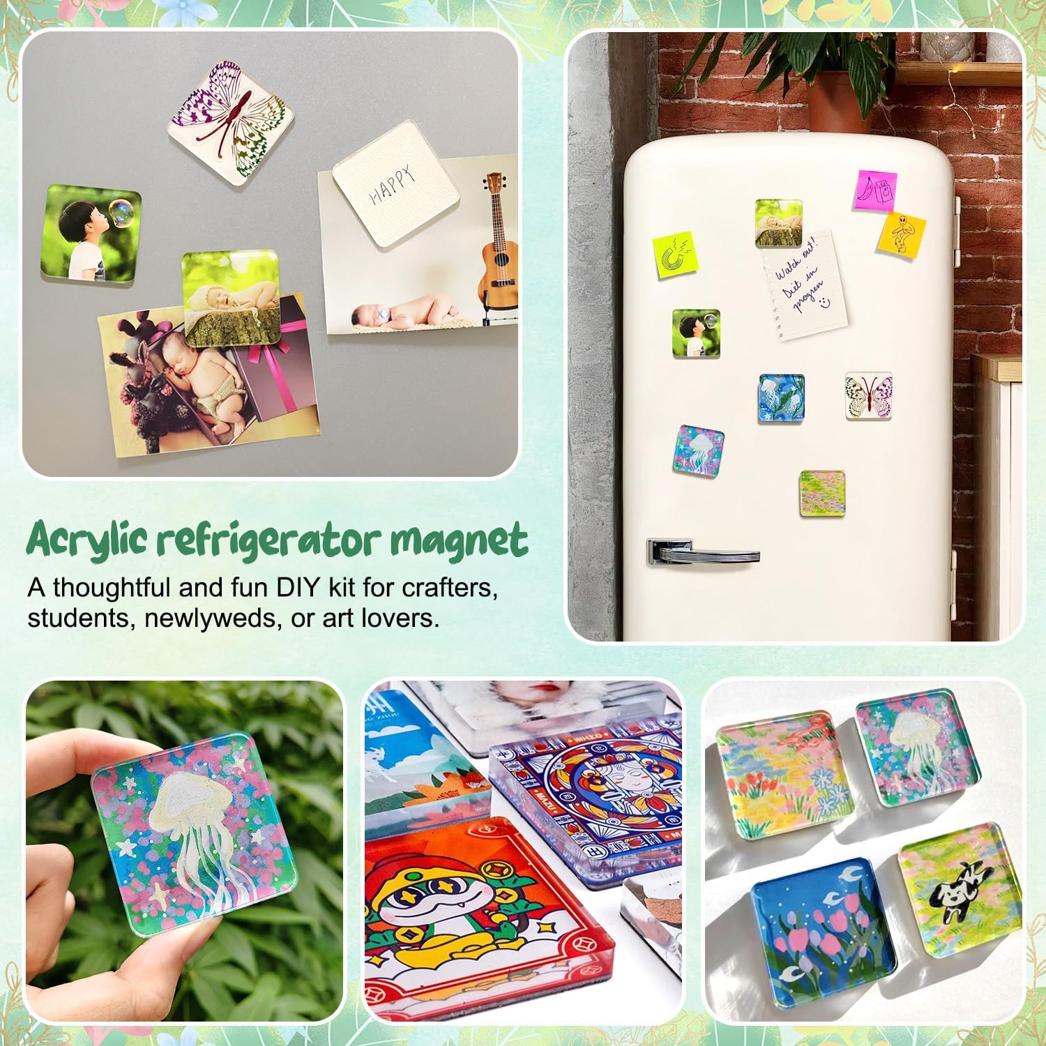 20 Pcs DIY Fridge Magnet Kit - Square Clear Acrylic Magnetic Set with Adhesive Backing for Photo,Crafts,Office,Classroom,Cabinets,Kitchen,2 Inch Bingxiang-20 (Squares)